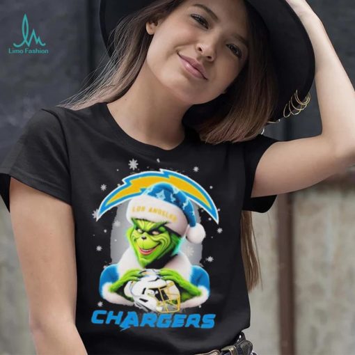 Grinch Hat Santa Los Angeles Chargers Helmet Logo Merry Christmas Shirt