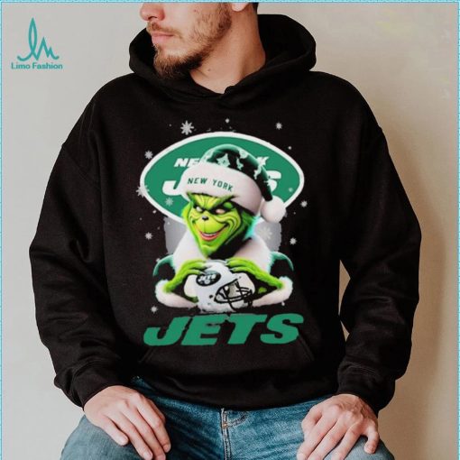 Grinch Hat Santa New York Jets Helmet Logo Merry Christmas Shirt