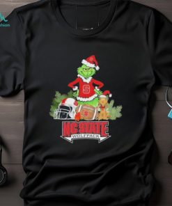 Grinch Hat Santa and Dog Rugby Helmet NC State Wolfpack Logo Merry Christmas Shirt