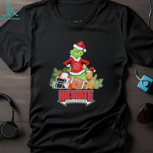 Grinch Hat Santa and Dog Rugby Helmet NC State Wolfpack Logo Merry Christmas Shirt