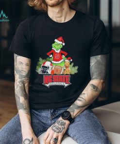 Grinch Hat Santa and Dog Rugby Helmet NC State Wolfpack Logo Merry Christmas Shirt
