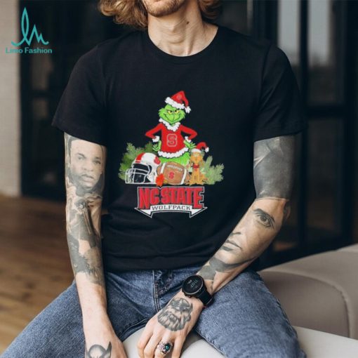 Grinch Hat Santa and Dog Rugby Helmet NC State Wolfpack Logo Merry Christmas Shirt