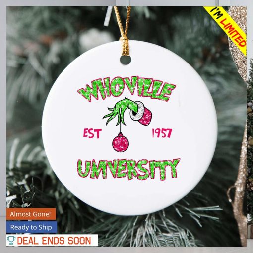 Grinch hand whoville university est 1957 Christmas ornament