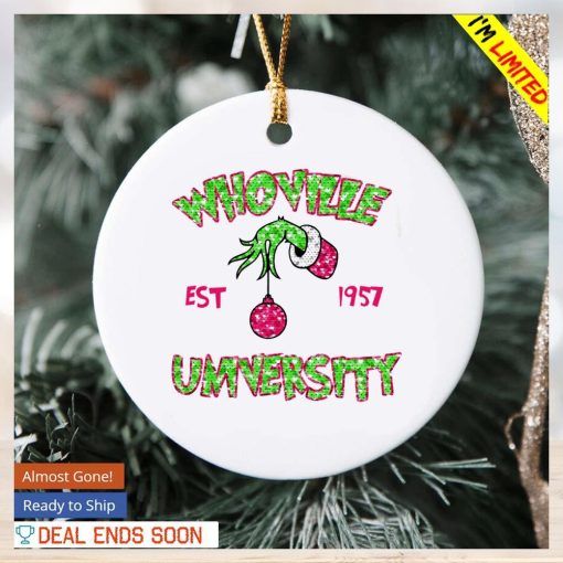 Grinch hand whoville university est 1957 Christmas ornament