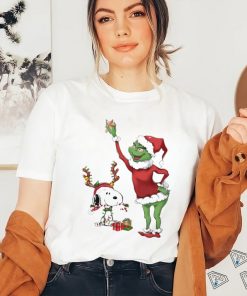 Grinch hat santa and Snoopy reindeer merry christmas shirt