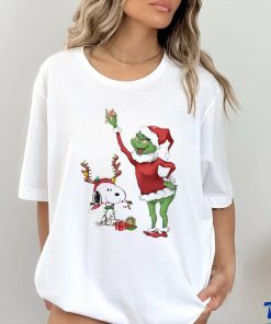 Grinch hat santa and Snoopy reindeer merry christmas shirt, hoodie, sweater, long sleeve and tank top Grinch hat santa and Snoopy reindeer merry christmas shirt