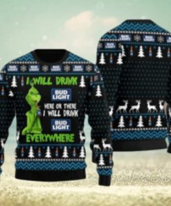 Grnch I Will Drink Bud Here Or There Ugly Christmas Sweater