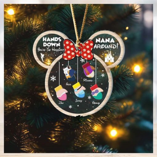 Hands Down, You're The Happiest Nana Around, Gift For Family, Personalized Acrylic Ornament, Cartoon Gloves Ornament, Christmas