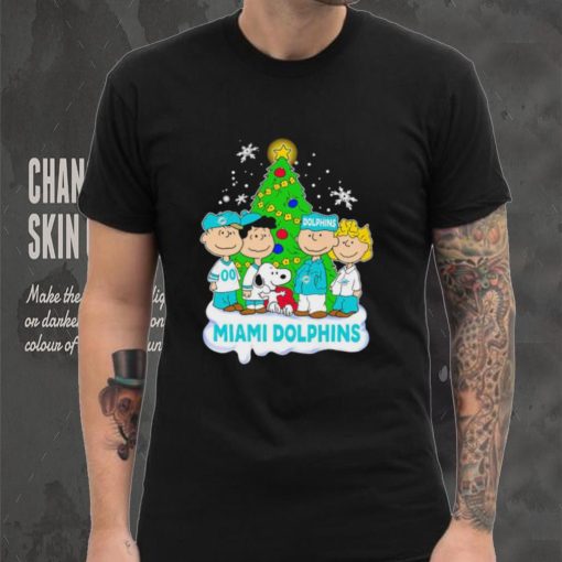 Happy Merry Christmas Peanuts Christmas tree Miami Dolphins football logo gift shirt