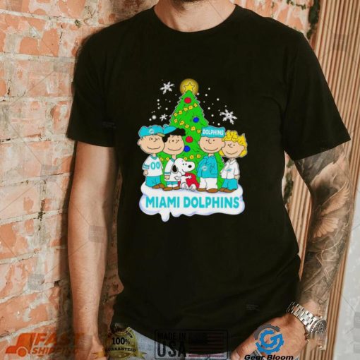Happy Merry Christmas Peanuts Christmas tree Miami Dolphins football logo gift shirt