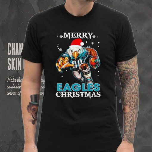 Happy Merry Christmas Philadelphia Eagles football Santa hat mascot shirt
