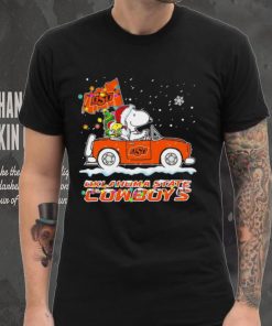 Happy Merry Christmas Snoopy drive a car Oklahoma State Cowboys logo flag gift shirt