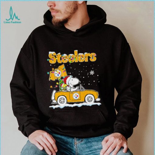 Happy Merry Christmas Snoopy drive a car Pittsburgh Steelers logo flag gift shirt