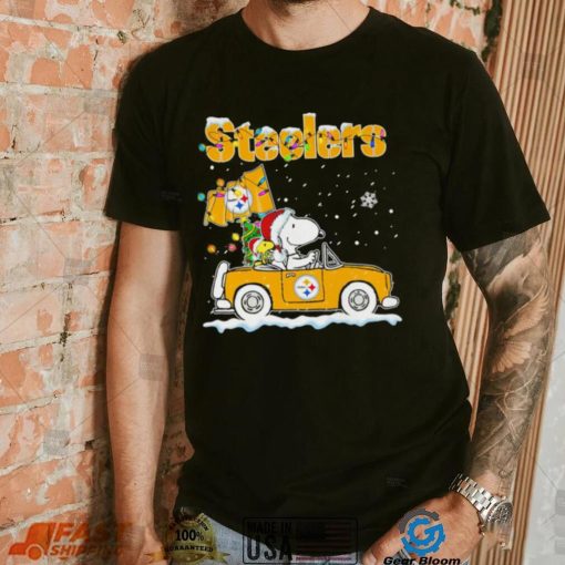 Happy Merry Christmas Snoopy drive a car Pittsburgh Steelers logo flag gift shirt