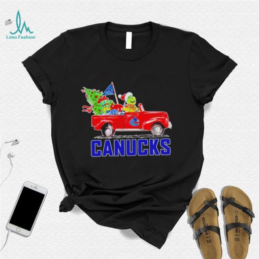 Happy Merry Christmas The Grinch drive a car Vancouver Canucks ice hockey logo flag gift shirt