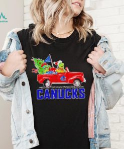 Happy Merry Christmas The Grinch drive a car Vancouver Canucks ice hockey logo flag gift shirt