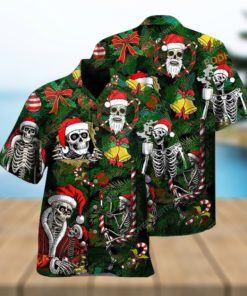 Happy Skull Christmas Print Aloha Shirt, Santa Hawaiian Style