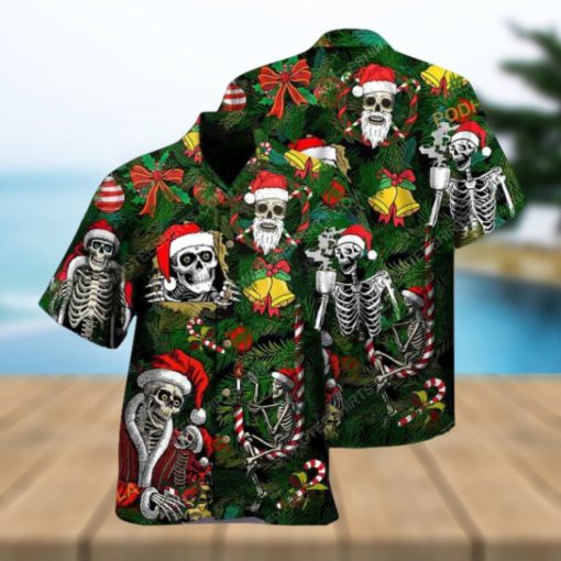 Happy Skull Christmas Print Aloha Shirt, Santa Hawaiian Style