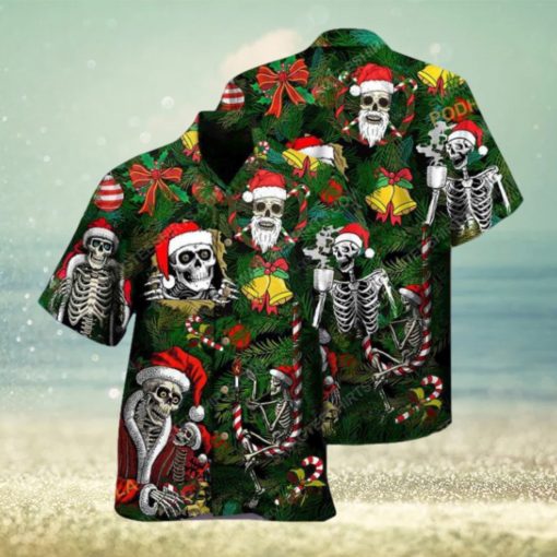 Happy Skull Christmas Print Aloha Shirt, Santa Hawaiian Style