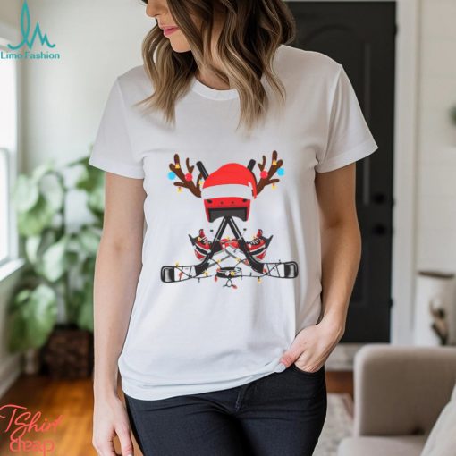 Hockey Christmas Lights Stick Puck Helmet Skates 2 Shirt