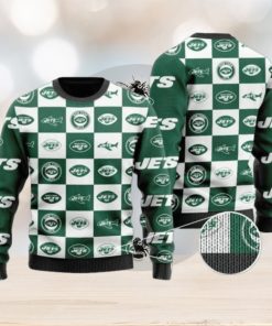 Jets Logo Checkered Flannel Design Knitted Ugly Christmas Sweater