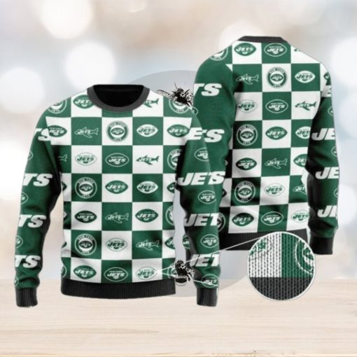 Jets Logo Checkered Flannel Design Knitted Ugly Christmas Sweater