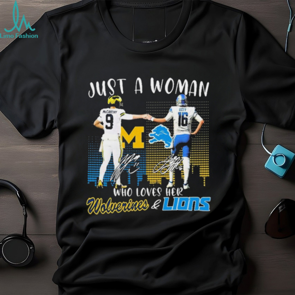 Jj Mccarthy And Blake Corum Just A Woman Who Loves Her Michigan And Detroit Football Signatures Shirt Jj Mccarthy And Blake Corum Just A Woman Who Loves Her Michigan And Detroit Football Signatures Shirt