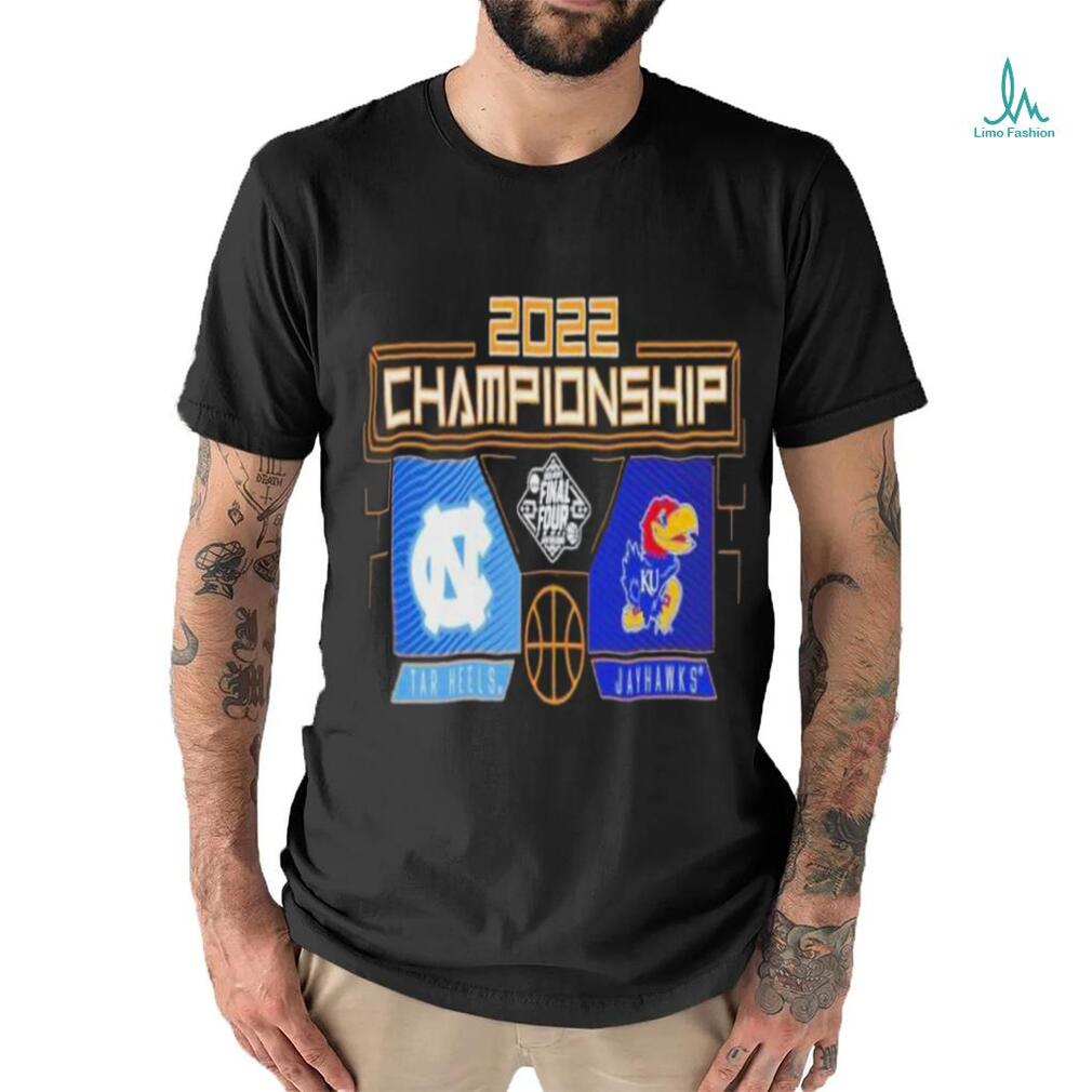 Kansas Jayhawks Vs. North Carolina Tar Heels 2022 NCAA Men's Basketball National Championship Matchup Cross Over Shirt Kansas Jayhawks Vs. North Carolina Tar Heels 2022 NCAA Men's Basketball National Championship Matchup Cross Over Shirt