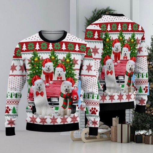 Lovely Samoyed Red Truck And Christmas Tree Ugly Sweater