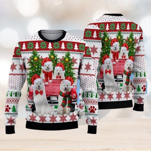 Lovely Samoyed Red Truck And Christmas Tree Ugly Sweater