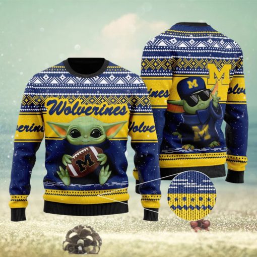 Michigan Wolverines Grogu Baby Yoda Hug Logo Ugly Christmas Sweater Perfect Holiday Gift