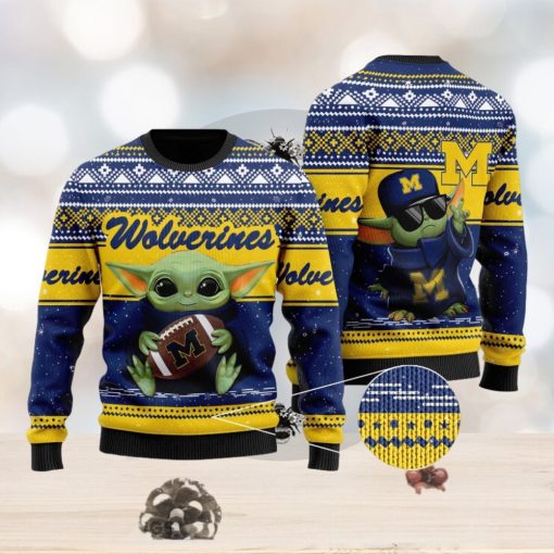 Michigan Wolverines Grogu Baby Yoda Hug Logo Ugly Christmas Sweater Perfect Holiday Gift