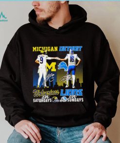 Michigan Wolverines on saturdays Detroit Lions on sundays J.J. McCarthy and Jared Goff signatures skyline shirt
