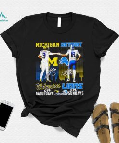 Michigan Wolverines on saturdays Detroit Lions on sundays J.J. McCarthy and Jared Goff signatures skyline shirt
