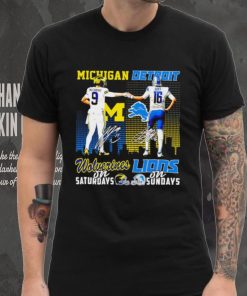 Michigan Wolverines on saturdays Detroit Lions on sundays J.J. McCarthy and Jared Goff signatures skyline shirt