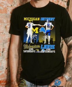 Michigan Wolverines on saturdays Detroit Lions on sundays J.J. McCarthy and Jared Goff signatures skyline shirt