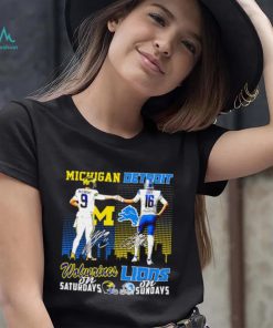 Michigan Wolverines on saturdays Detroit Lions on sundays J.J. McCarthy and Jared Goff signatures skyline shirt