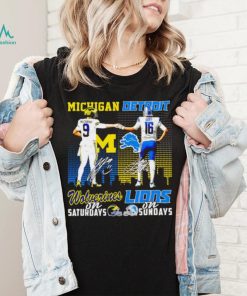 Michigan Wolverines on saturdays Detroit Lions on sundays J.J. McCarthy and Jared Goff signatures skyline shirt