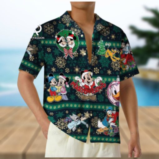 Mickey Mouse Disney World Christmas Hawaiian Shirts Snowflakes Button Merry Xmas