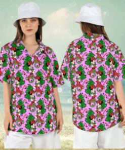 Minnie Merry Christmas Hawaiian Shirts Tree Button Disneyland Xmas Santa Aloha