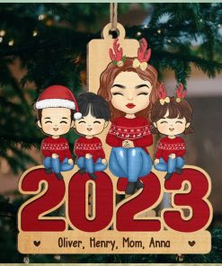 Mom And Kids Sitting Together 2023 Family Personalized Custom Ornament Wood Unique Shaped Christmas Gift For Family Members