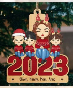 Mom And Kids Sitting Together 2023 Family Personalized Custom Ornament Wood Unique Shaped Christmas Gift For Family Members