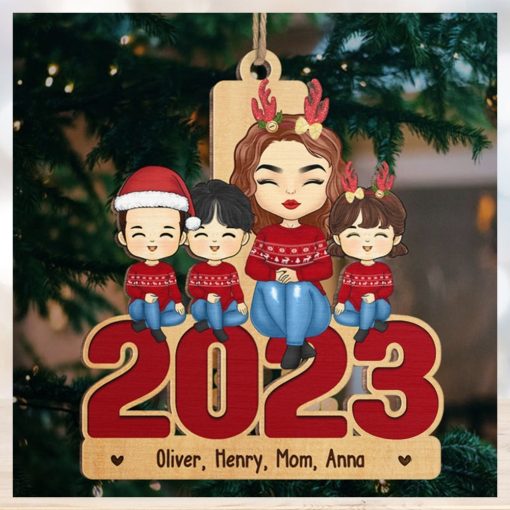 Mom And Kids Sitting Together 2023   Family Personalized Custom Ornament   Wood Unique Shaped   Christmas Gift For Family Members