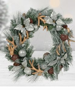 Mr Crimbo Rattan Deer Antler 60cm Silver Christmas Wreath