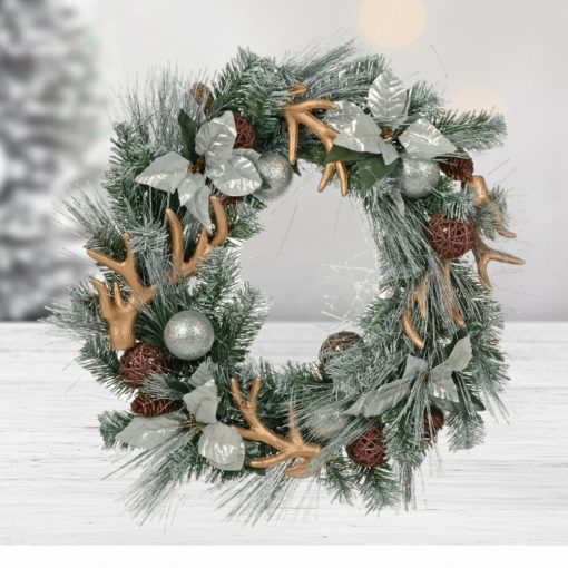 Mr Crimbo Rattan Deer Antler 60cm Silver Christmas Wreath