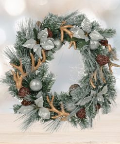 Mr Crimbo Rattan Deer Antler 60cm Silver Christmas Wreath