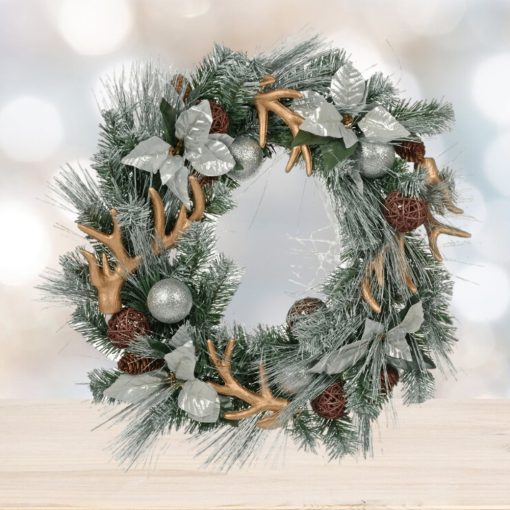 Mr Crimbo Rattan Deer Antler 60cm Silver Christmas Wreath