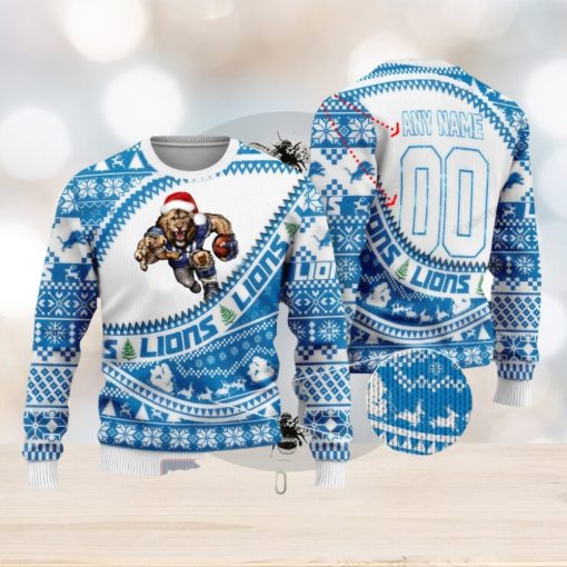 NFL Detroit Lions Mascot Woolen Custom Name Christmas Full Print Sweater