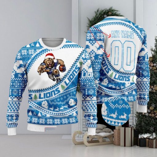 NFL Detroit Lions Mascot Woolen Custom Name Christmas Full Print Sweater