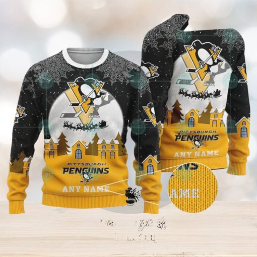 NHL Pittsburgh Penguins Santa Claus In The Moon Personalized Name Ugly Christmas Sweater